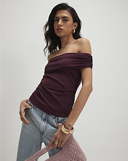 Red Short Sleeve Bardot Top