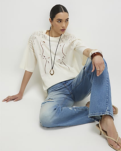 Cream Short Sleeve Palm Broderie T-shirt