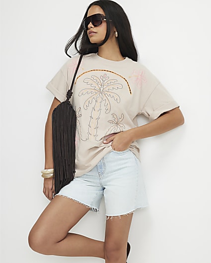 Cream Cotton Neon Palm Cutwork T-Shirt