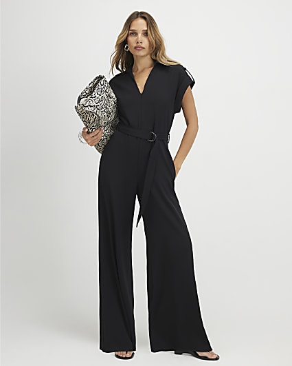 Black Twill Zip Front Jumpsuit