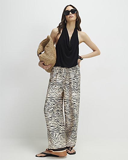 Cream Satin Zebra Print Wide Leg Trousers