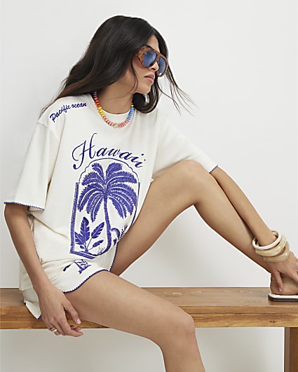 Cream Cotton Blend Hawaii Towelling T-Shirt