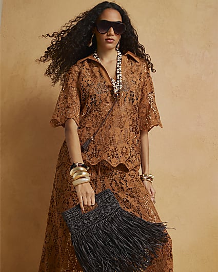 Brown Crochet Polo Top