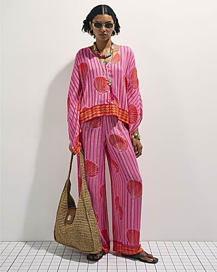 Pink Shell Print Wide Leg Trousers