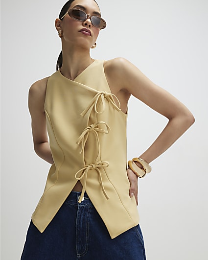 Yellow Asymmetric Bow Tie Front Waistcoat