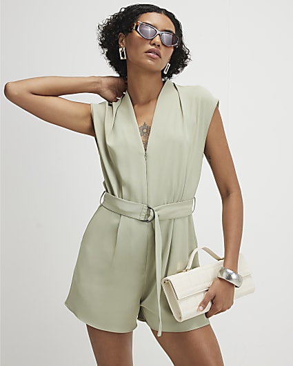 Khaki Short Sleeve Belted Playsuit