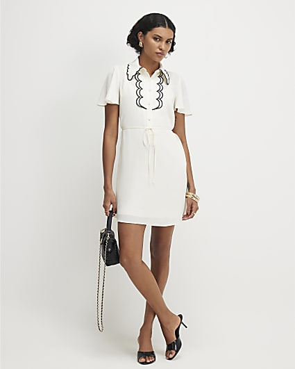 Cream Short Sleeve Scallop Trim Shirt Dress
