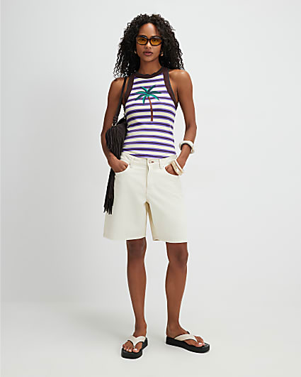 Brown Stripe Palm Tree Embroidered Tank Top