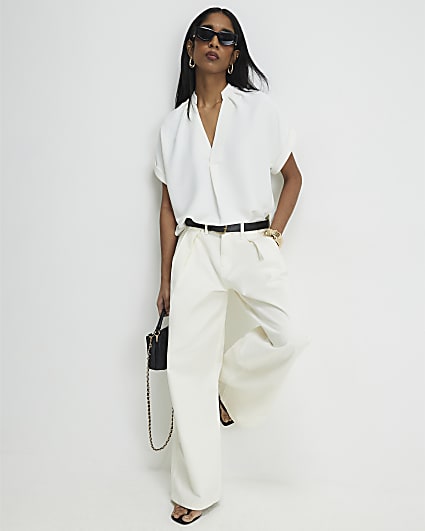 Cream Notch Neck Short Sleeve Top