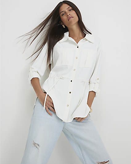Cream Crepe Drawstring Waist Shirt