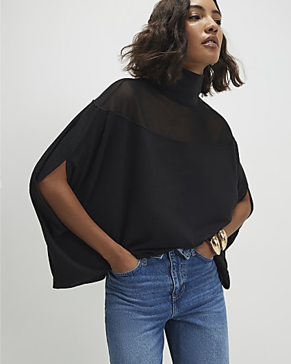 Black Short Sleeve Cosy Mesh Cape Top