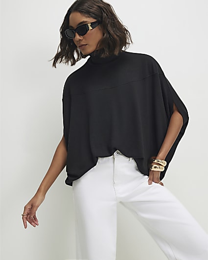 Black Short Sleeve Cosy Cape Top