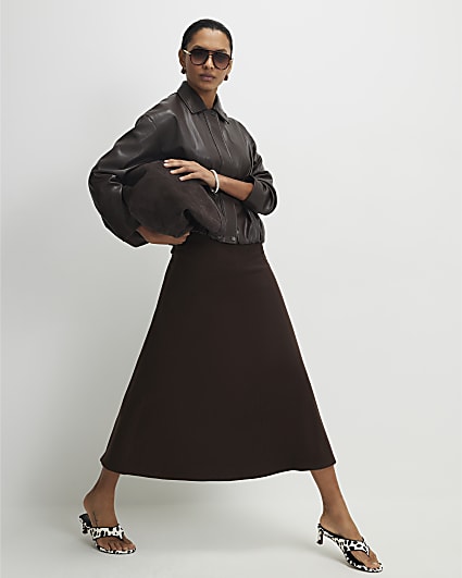 Brown Ribbed Cosy Midi Skirt