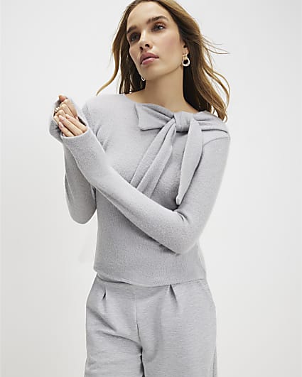 Grey Long Sleeve Cosy Bow Top