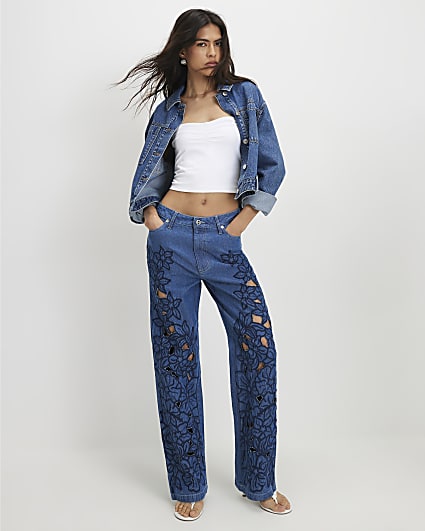 Blue Cut Out Floral Relaxed Straight Jeans