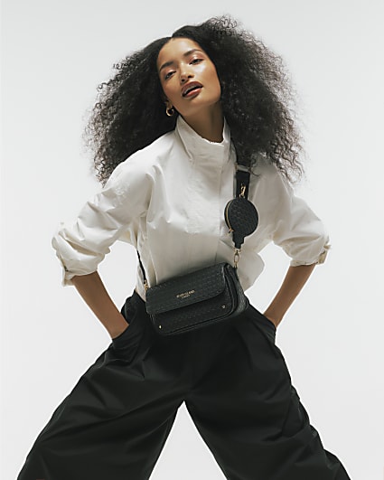 Black Monogram Print Cross Body Bag