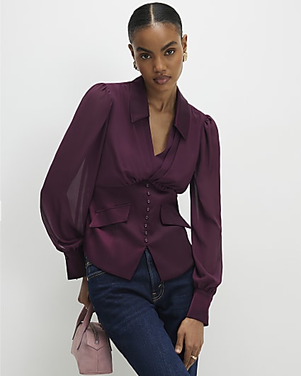 Purple Long Sleeve Corset Detail Blouse