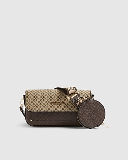 Brown Monogram Print Cross Body Bag