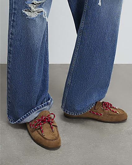 Beige Faux Suede Red Tie Boat Shoes