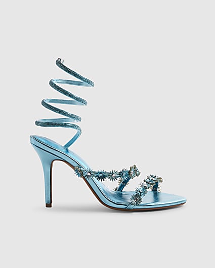 Blue Embellished Floral Wrap Heeled Sandals