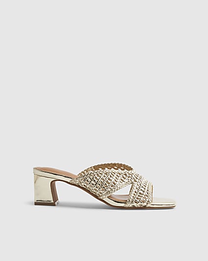 Gold Woven Block Heel Mule Sandals