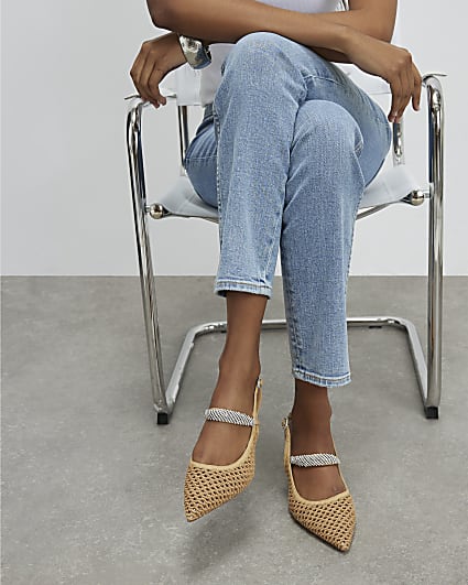 Beige Raffia Diamante Sling Back