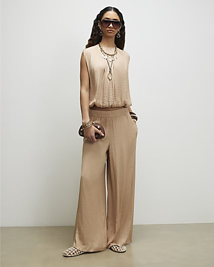 Beige Elasticated Wide Leg Trousers