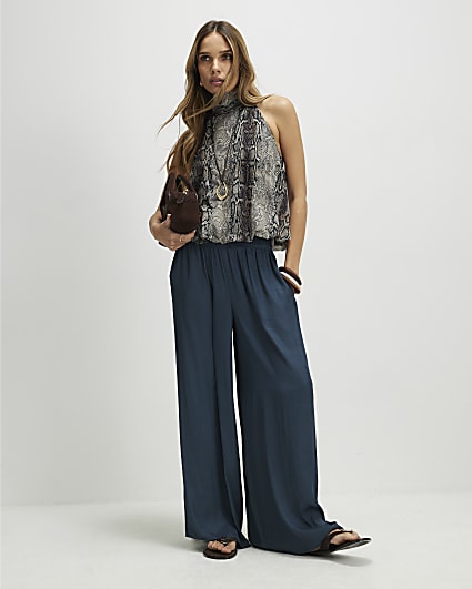Blue Satin Elasticated Flowing Trousers