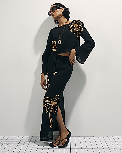 Black Cotton Beaded Knit Top