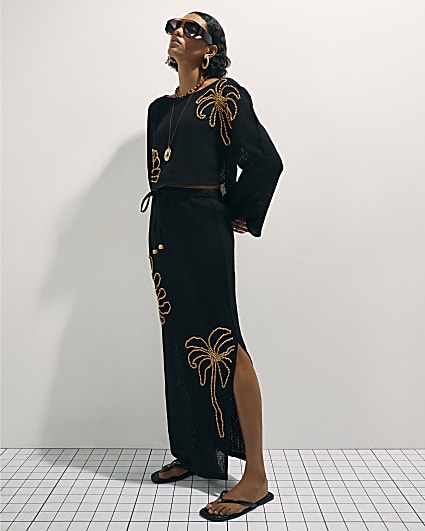 Black Beaded Knit Maxi Skirt