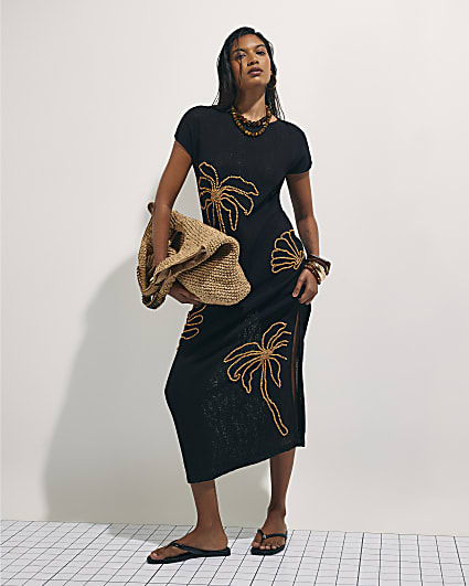 Black Knit Beaded Midi Beach Dress