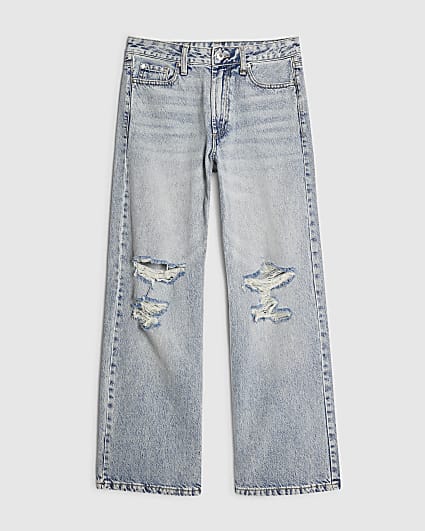 Petite Blue Relaxed Straight Leg Ripped Jeans
