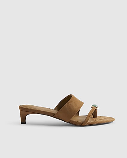Brown Gem Toe Faux Suede Heeled Sandals
