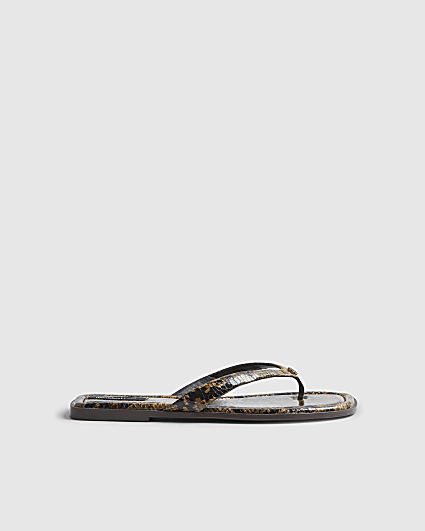Brown Snake Print Toe Thong Flat Sandal