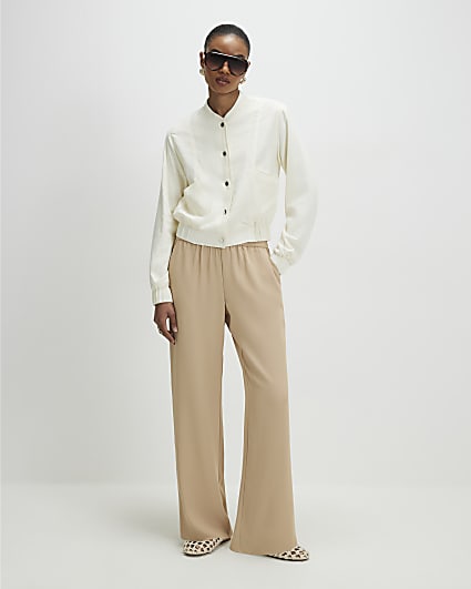 Beige Crepe Wide Leg Trousers