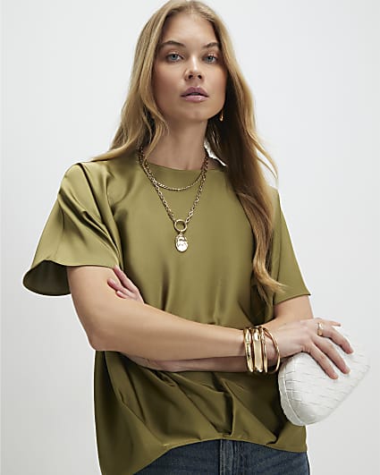 Khaki Tuck Hem Satin T-Shirt