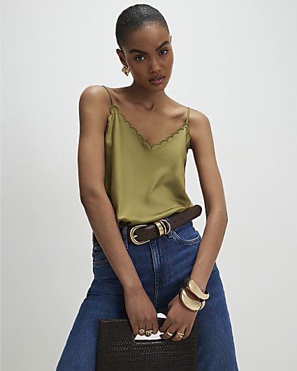 Khaki Satin Scallop Trim Cami Top