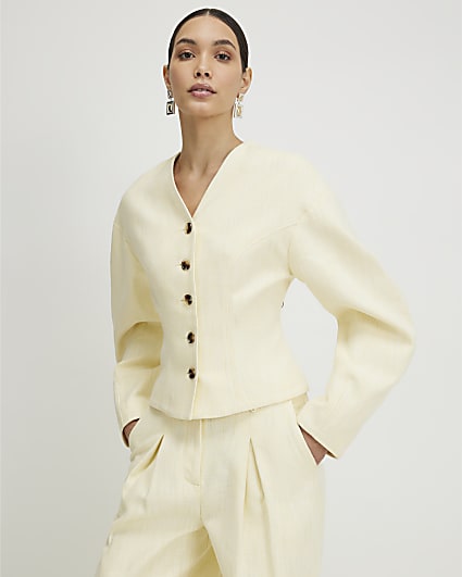 Yellow Linen Look Cocoon Sleeve Seamed Jacket