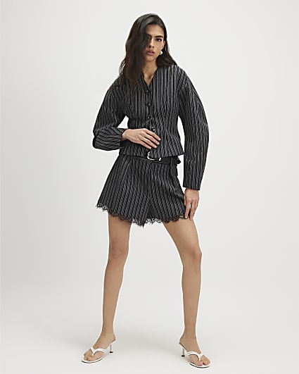 Black Pinstripe Lace Trim Shorts