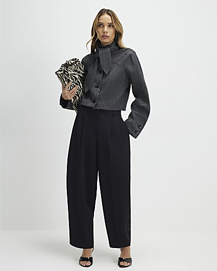 Black Pleated Barrel Leg Trousers