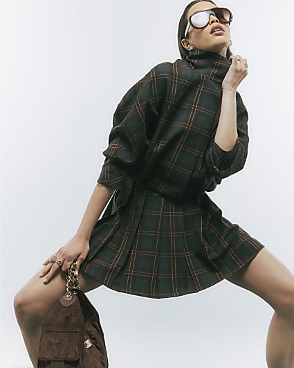 Brown Pleated Check Mini Skirt