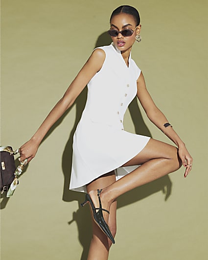 White Button Up Structured Mini Dress