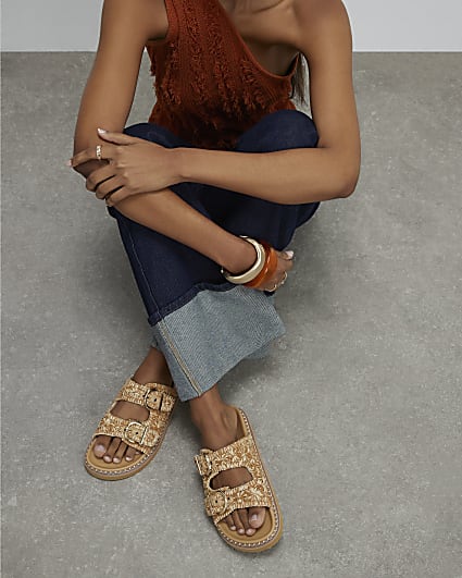 Beige Raffia Double Buckle Footbed Sandals