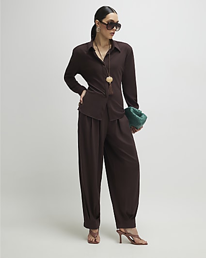 Brown Pleat Front Tapered Trousers