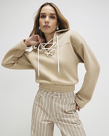 Beige Lace Up Sweatshirt