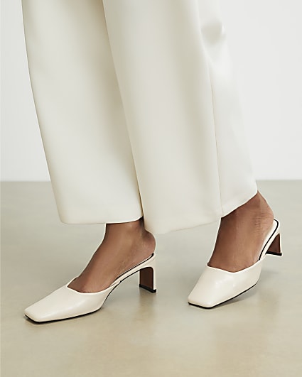 Cream Square Toe Mule Court Heels