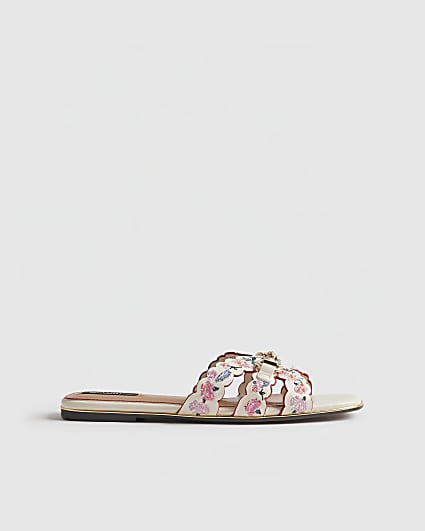 White Embroidered Flat Sandals