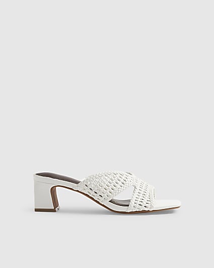 White Weave Block Heel Mule Sandals