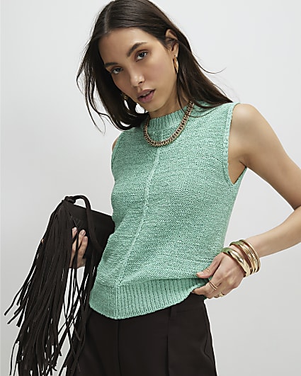 Blue Knitted Sleeveless Tank Top