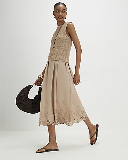 Beige Embroidered Hem Knitted Hybrid Dress